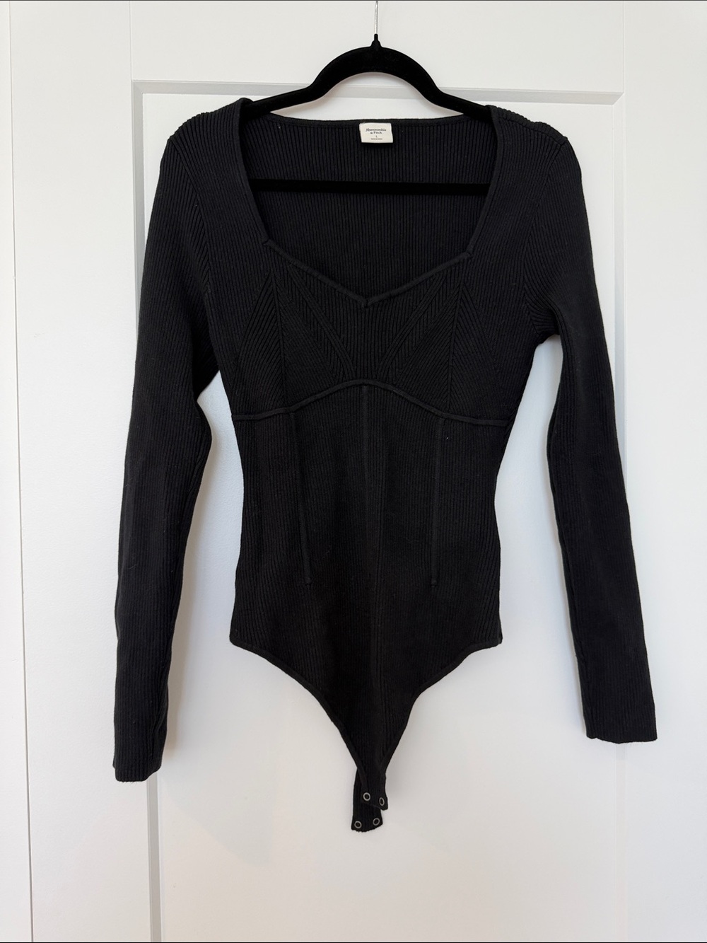 Abercrombie & Fitch Black Ribbed V-Neck Long-Sleeve Bodysuit